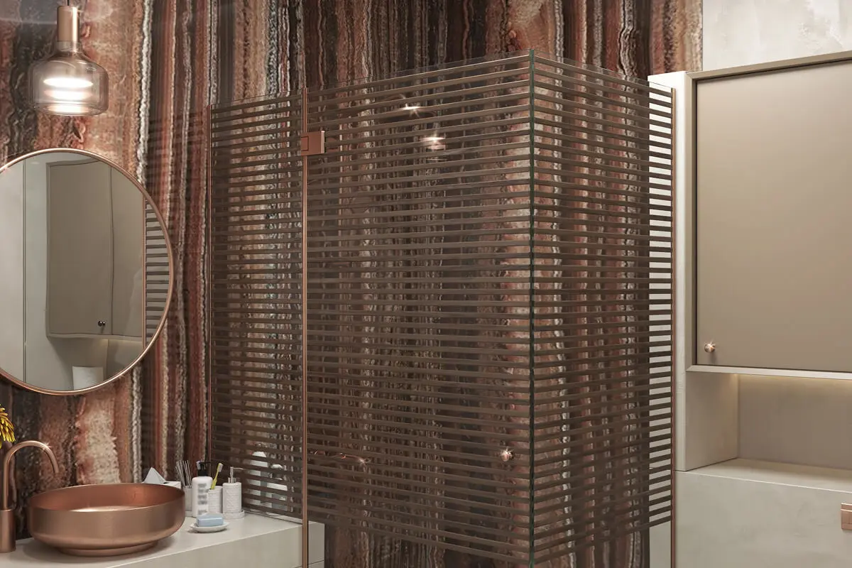 Stylish bathroom featuring round mirror and lighting