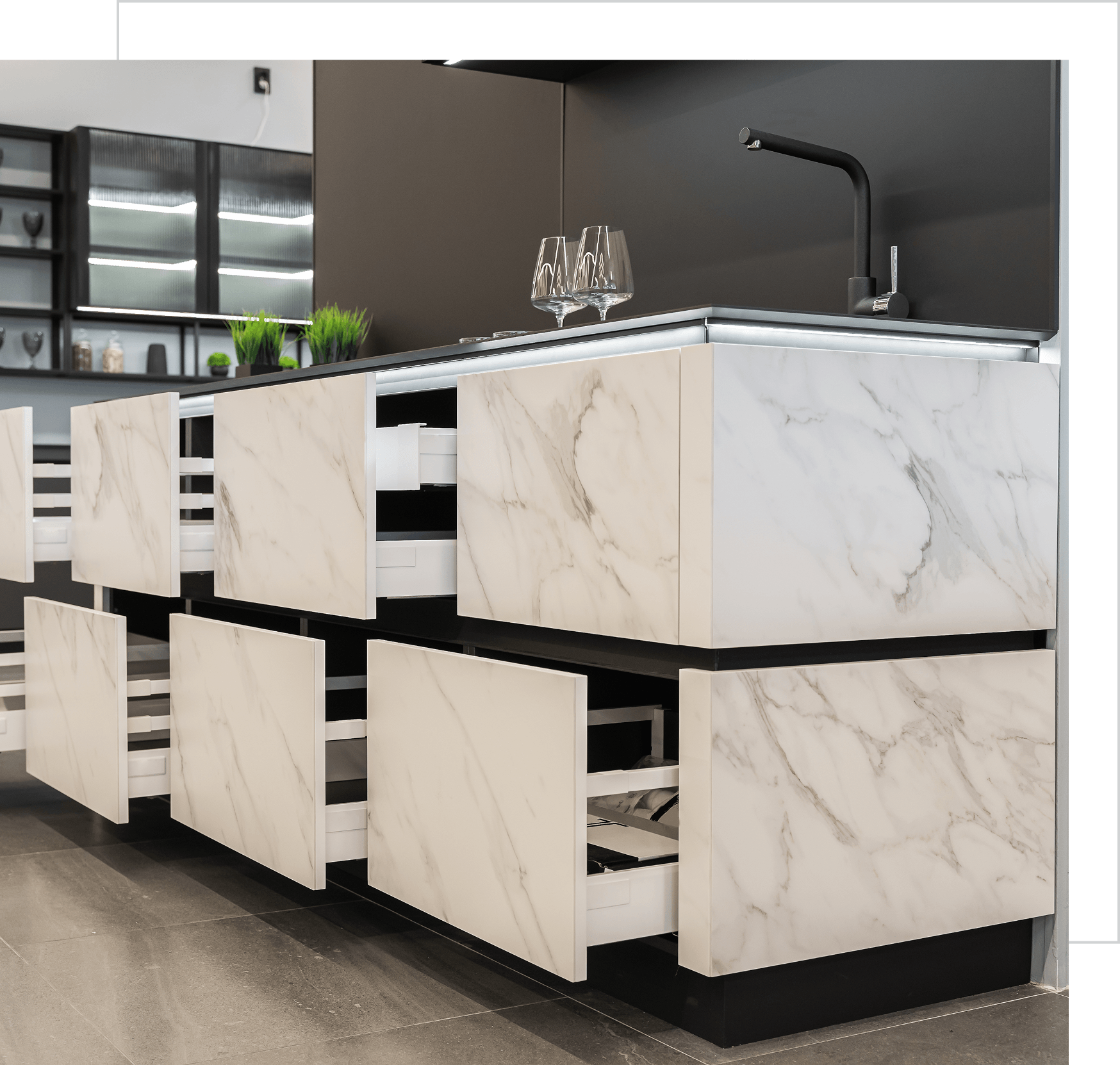 Modern kitchen with marble finish drawers