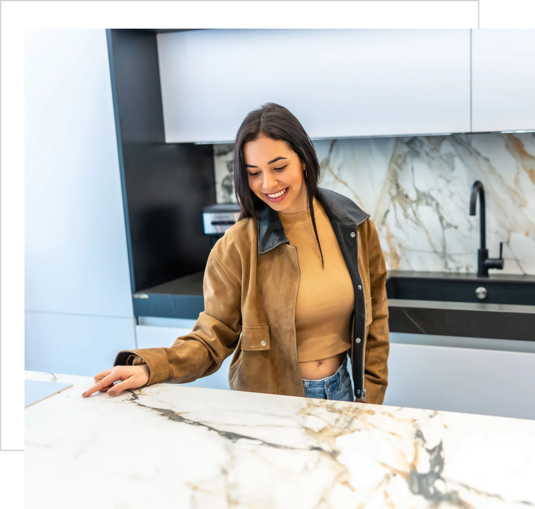Stylish woman in brown jacket indoors